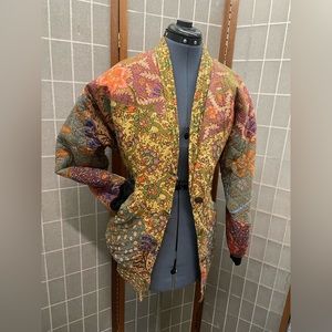 *Rare 90’s Quilted Color Block Paisley Boho Bomber Jacket Wood Buttons Oversized